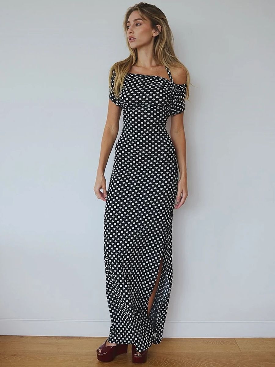 Elegant Off-Shoulder Polka Dot Maxi Dress with Split Hem Elegant Off-Shoulder Polka Dot Maxi Dress with Split Hem