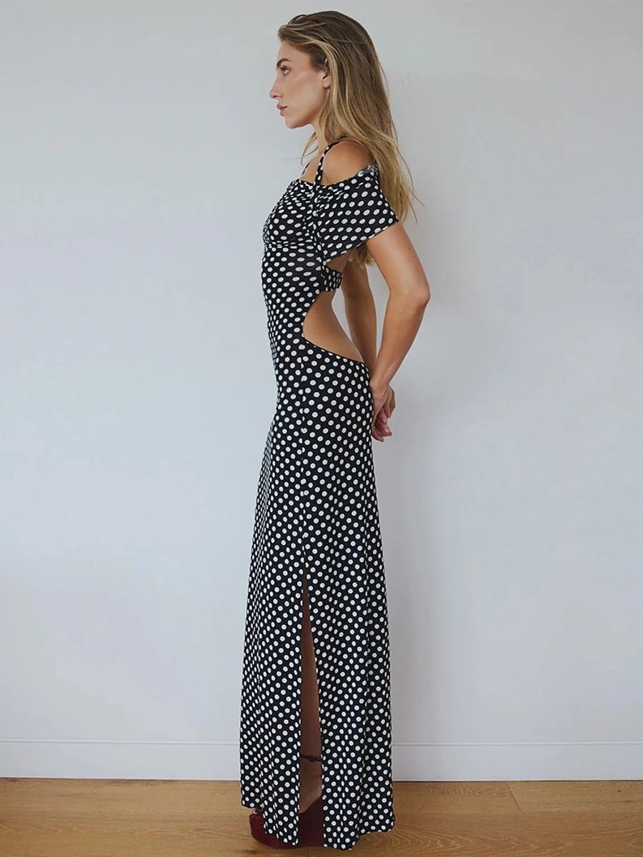 Elegant Off-Shoulder Polka Dot Maxi Dress with Split Hem Elegant Off-Shoulder Polka Dot Maxi Dress with Split Hem