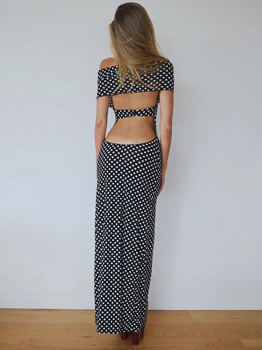 Elegant Off-Shoulder Polka Dot Maxi Dress with Split Hem Elegant Off-Shoulder Polka Dot Maxi Dress with Split Hem
