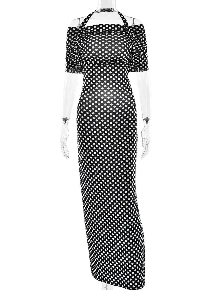 Elegant Off-Shoulder Polka Dot Maxi Dress with Split Hem Elegant Off-Shoulder Polka Dot Maxi Dress with Split Hem