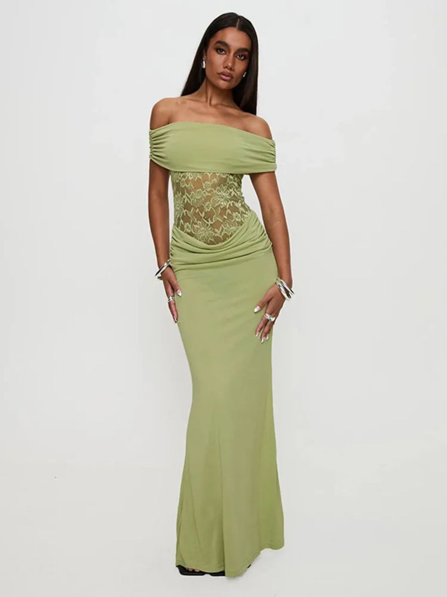 Off-Shoulder Lace Sheer Maxi Dress for Women, Bodycon Party Gown Off-Shoulder Lace Sheer Maxi Dress for Women, Bodycon Party Gown