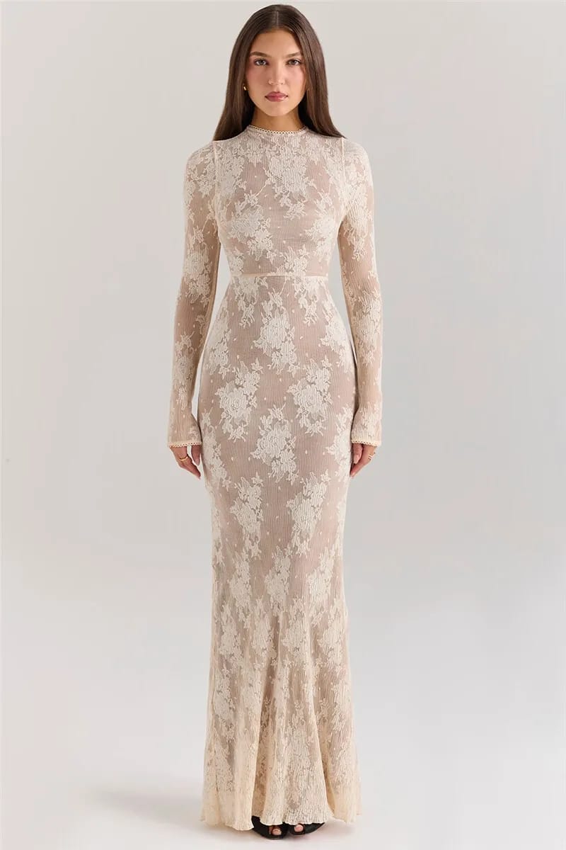 Chic Lace Print Bodycon Maxi Dress with High Collar
