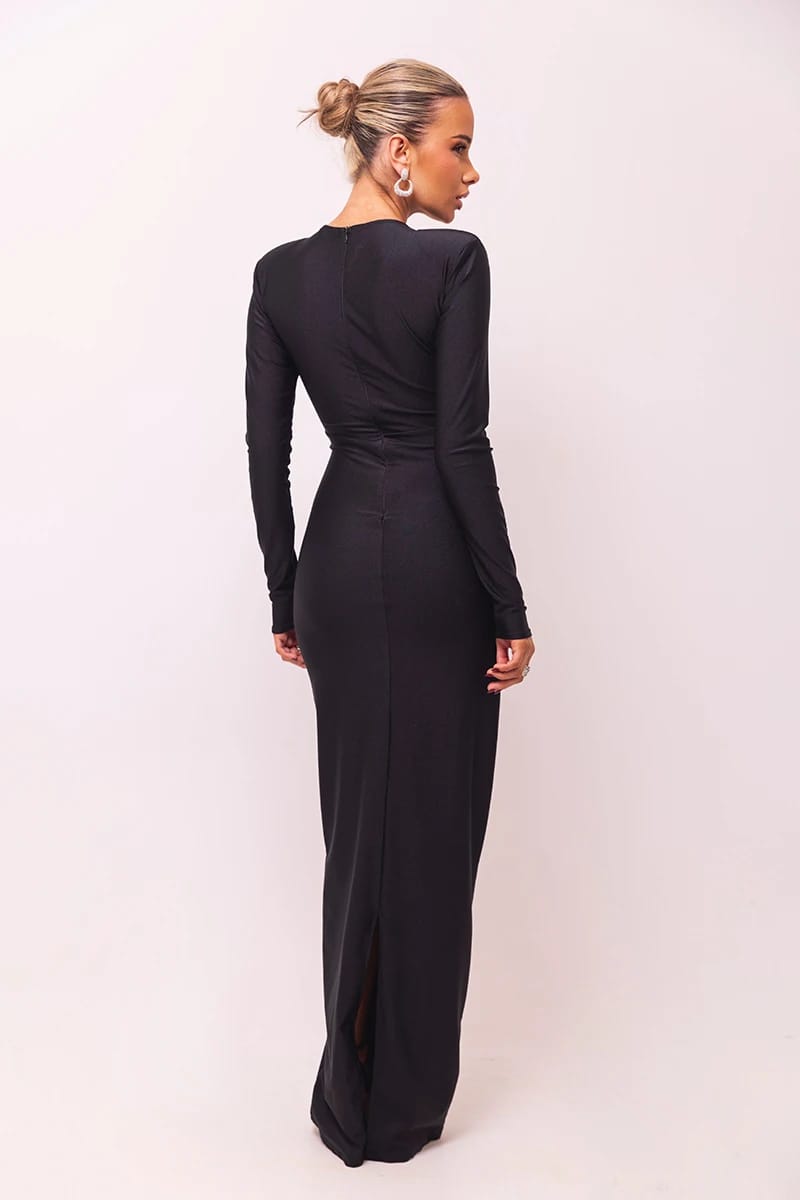 Sculpted Long Sleeve Maxi Dress with Ruched Detailing