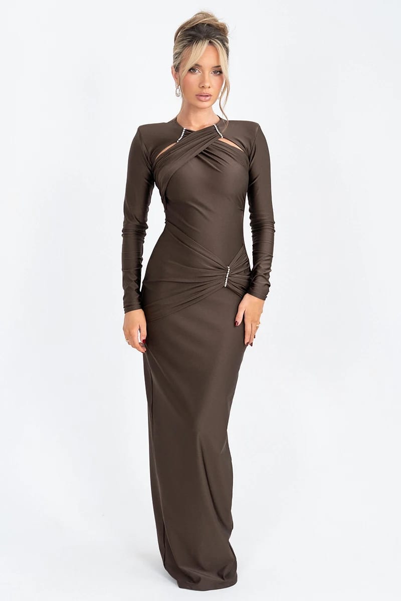 Sculpted Long Sleeve Maxi Dress with Ruched Detailing