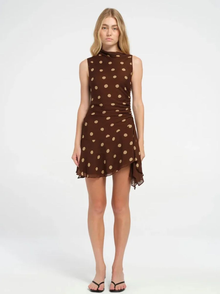 Chic Sleeveless Polka Dot Mini Dress with Ruched Detailing