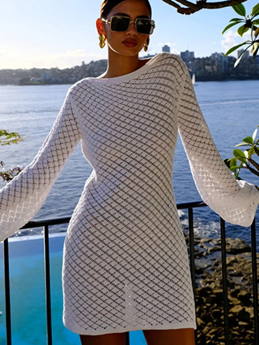 Chic Backless Long Sleeve Knit Mini Dress for Stylish Women Chic Backless Long Sleeve Knit Mini Dress for Stylish Women