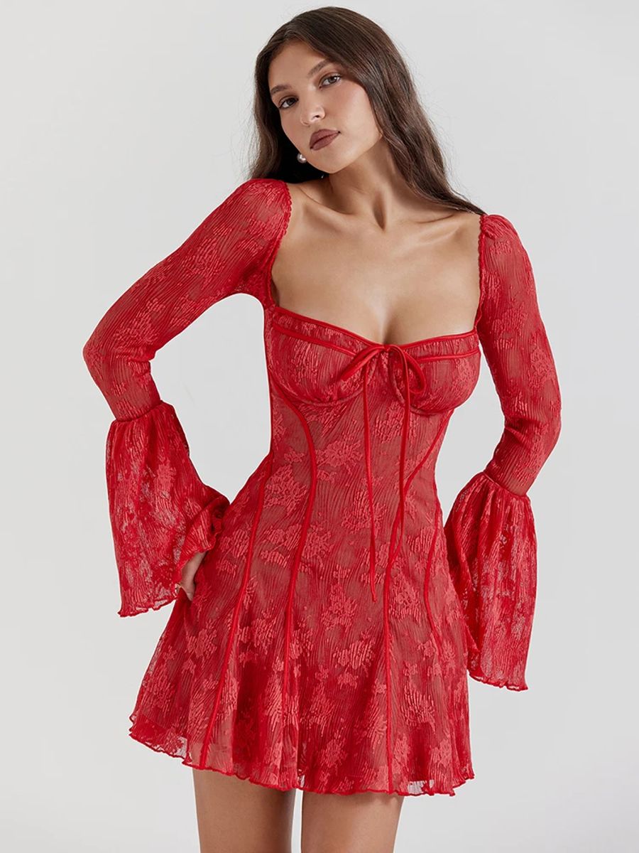 Chic Backless A-Line Print Mini Dress with Flare Sleeves