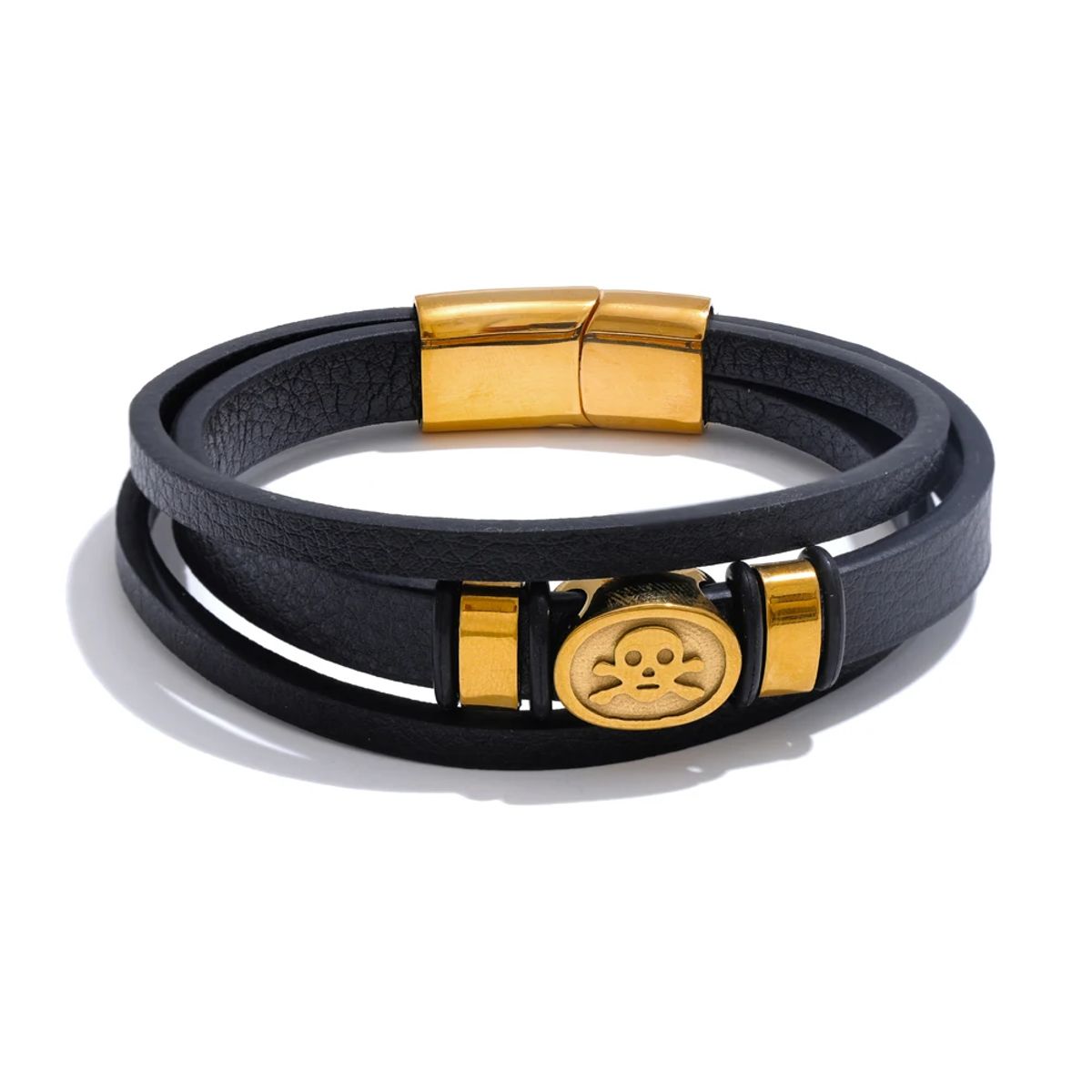 Bold 65mm Leather & Metal Skull Layered Bangle Bracelet
