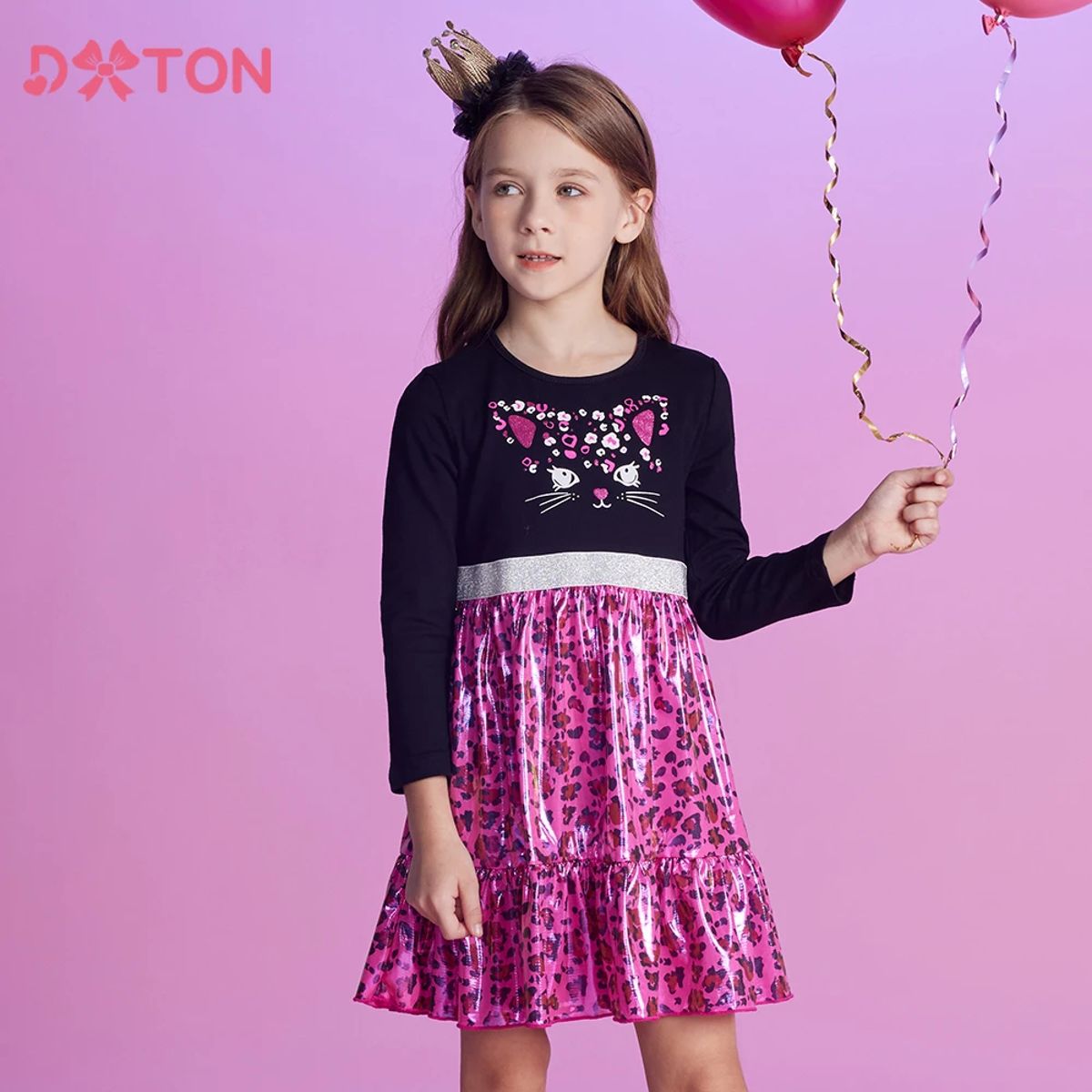 Adorable Girls' Long-Sleeve Leopard Print Cartoon Dress Adorable Girls' Long-Sleeve Leopard Print Cartoon Dress