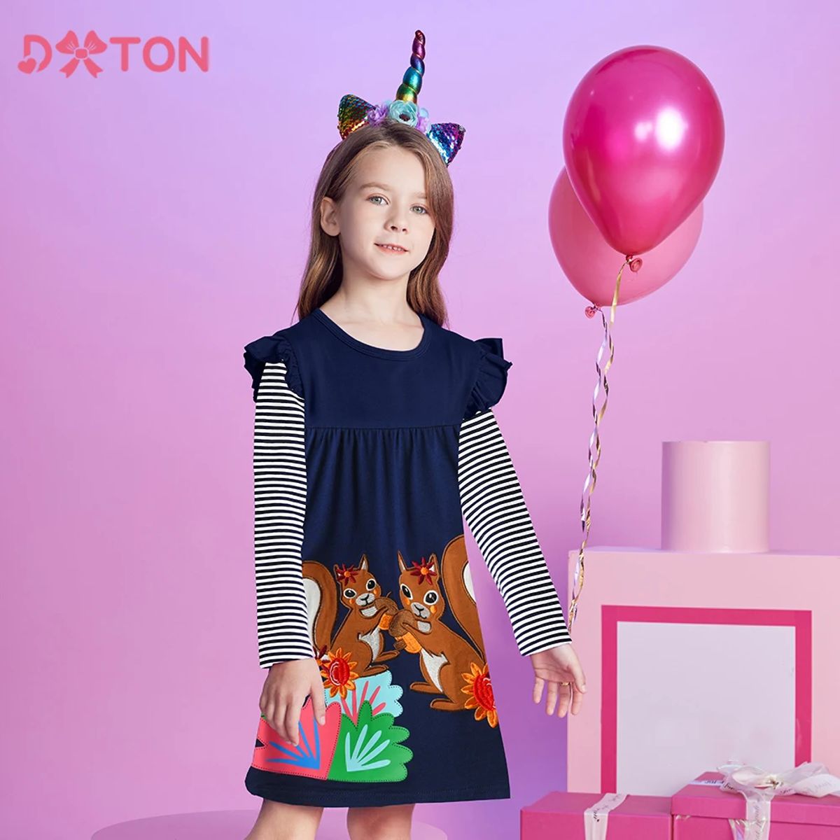 Charming Winter Dress for Girls with Squirrel Cartoon Design Charming Winter Dress for Girls with Squirrel Cartoon Design