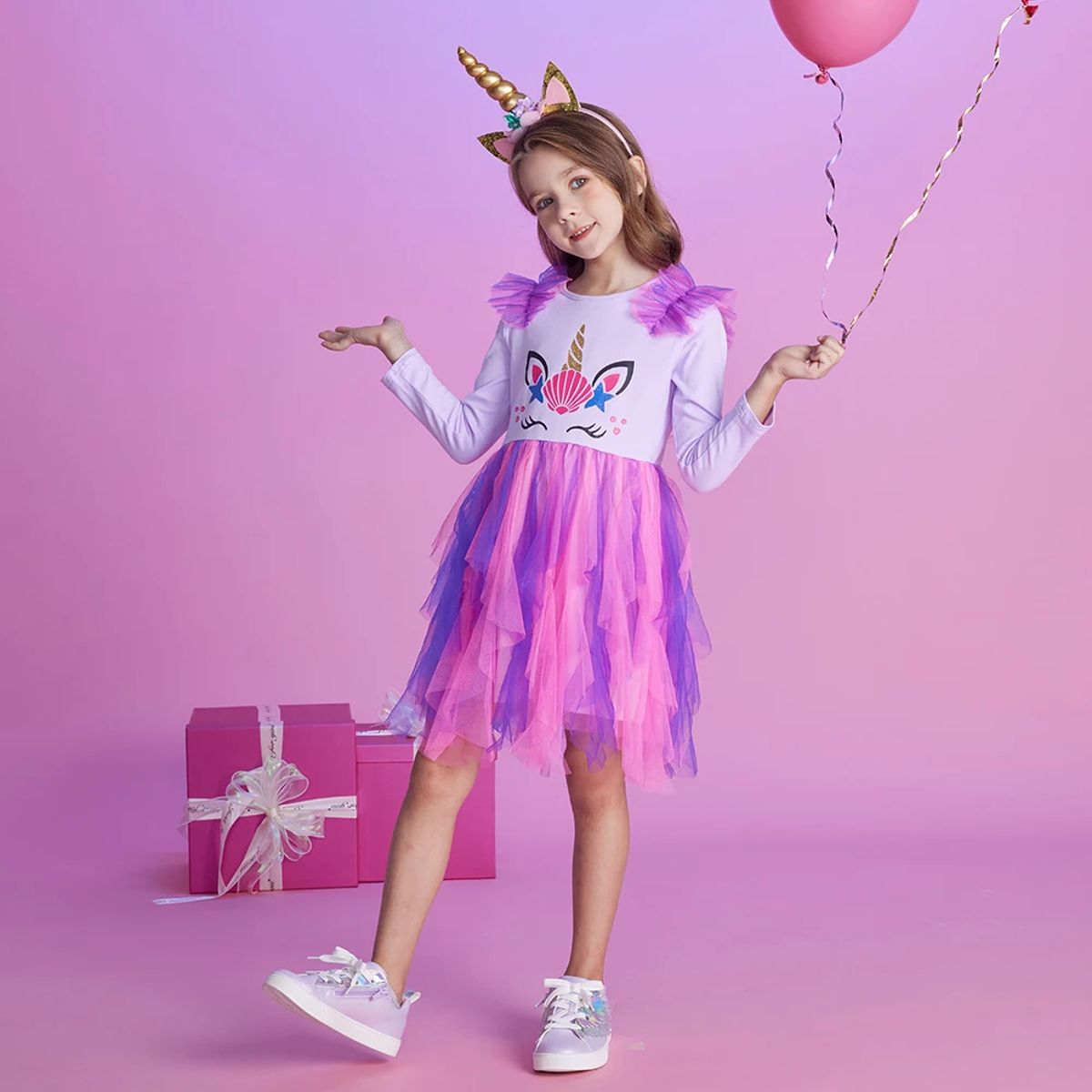 Whimsical Ruffle Princess Dress for Girls with Unicorn Design Whimsical Ruffle Princess Dress for Girls with Unicorn Design