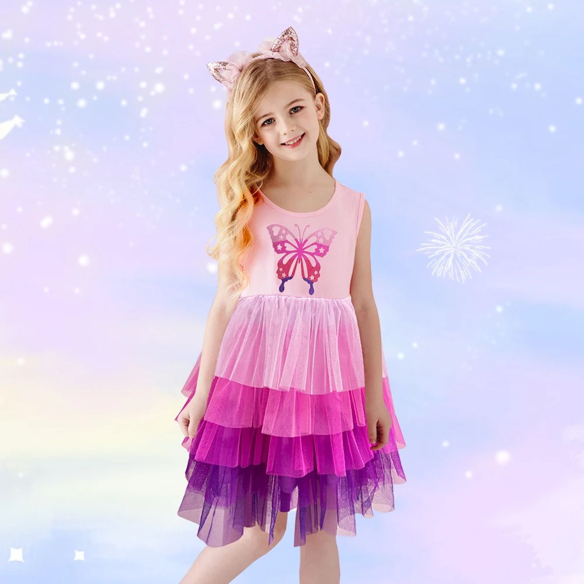 Girls Princess Tutu Dress with Butterfly Patchwork and Tulle Layers Girls Princess Tutu Dress with Butterfly Patchwork and Tulle Layers