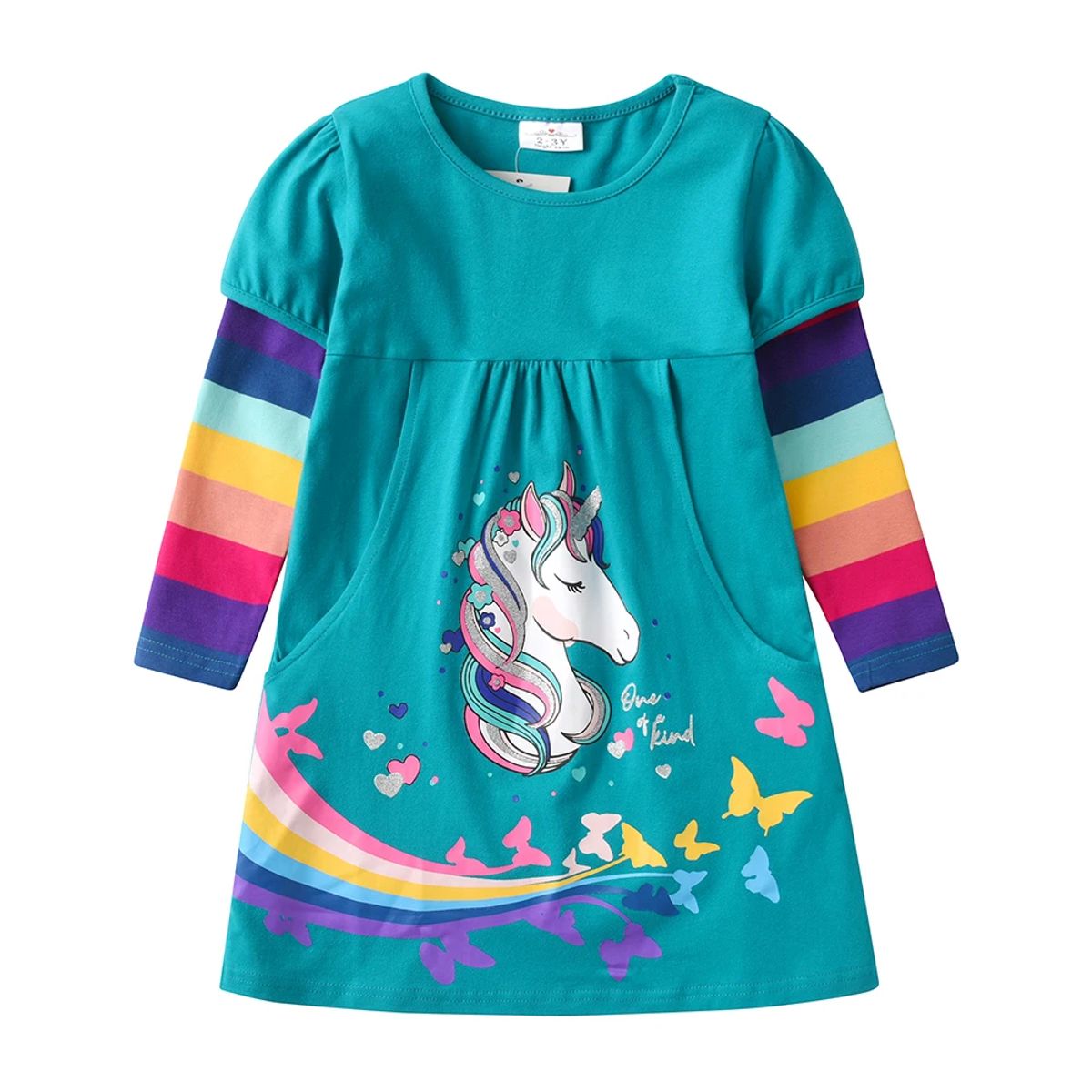 Enchanting Toddler Girls Rainbow Unicorn Dress with Butterfly Print
