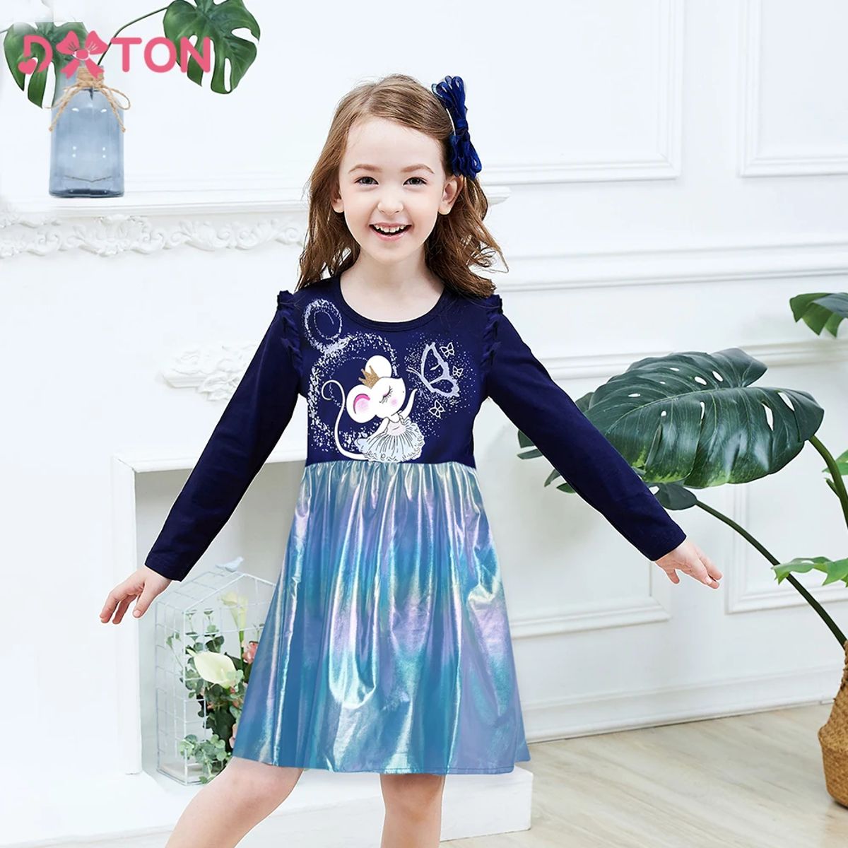 Cozy Winter Dress for Girls with Squirrel & Butterfly Design