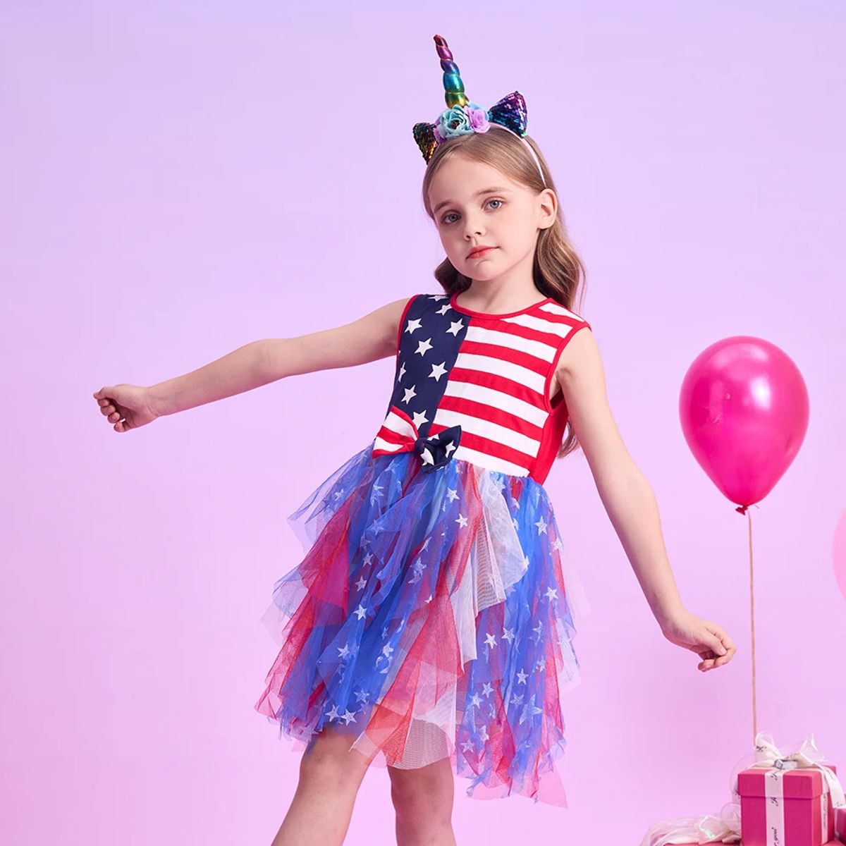 Striped Flag Print Sleeveless Dress for Girls – Summer Party Outfit Striped Flag Print Sleeveless Dress for Girls – Summer Party Outfit