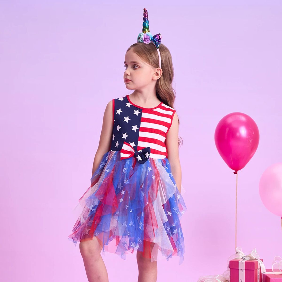 Striped Flag Print Sleeveless Dress for Girls – Summer Party Outfit Striped Flag Print Sleeveless Dress for Girls – Summer Party Outfit
