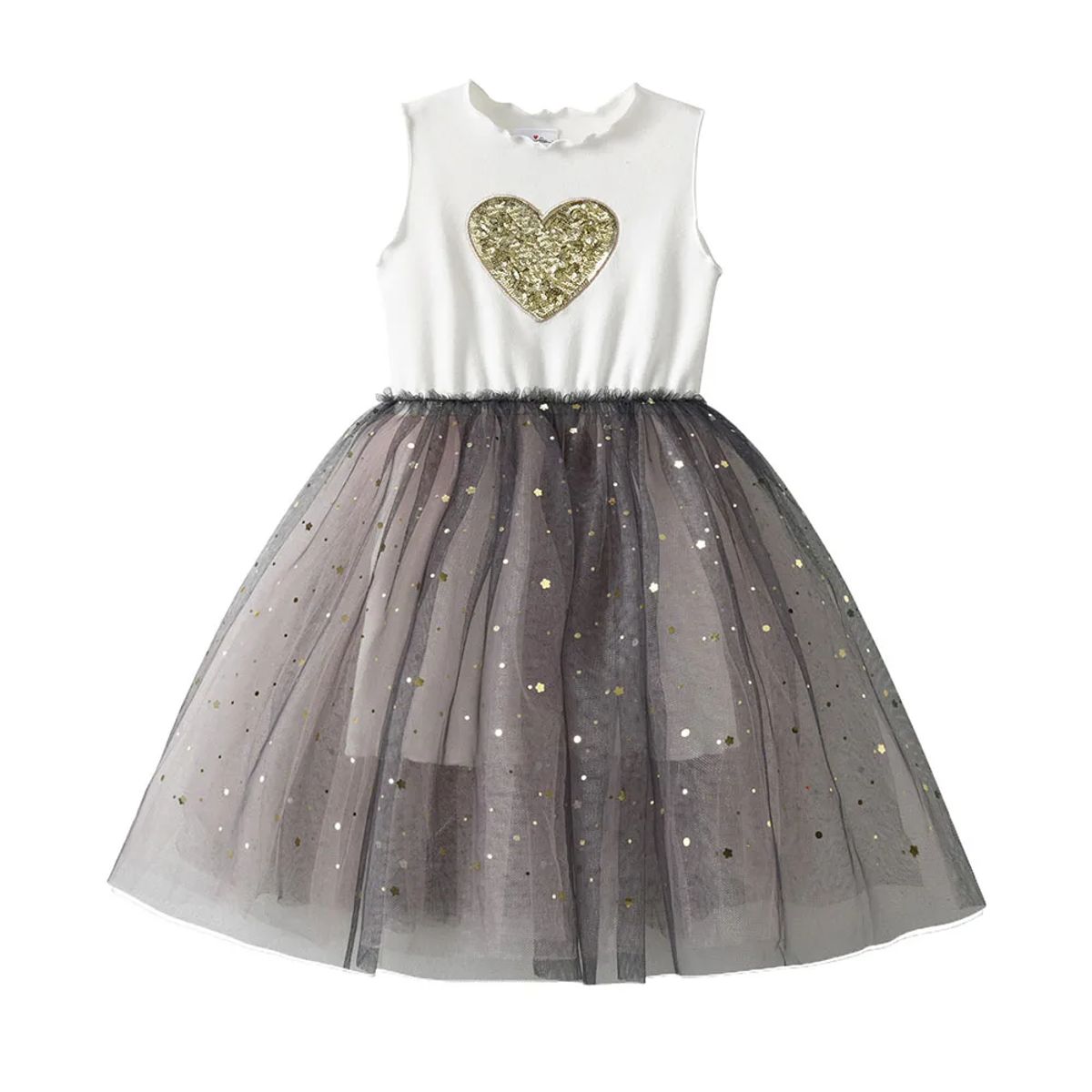 Sparkly Sleeveless Girls' Dress with Sequined Heart Design