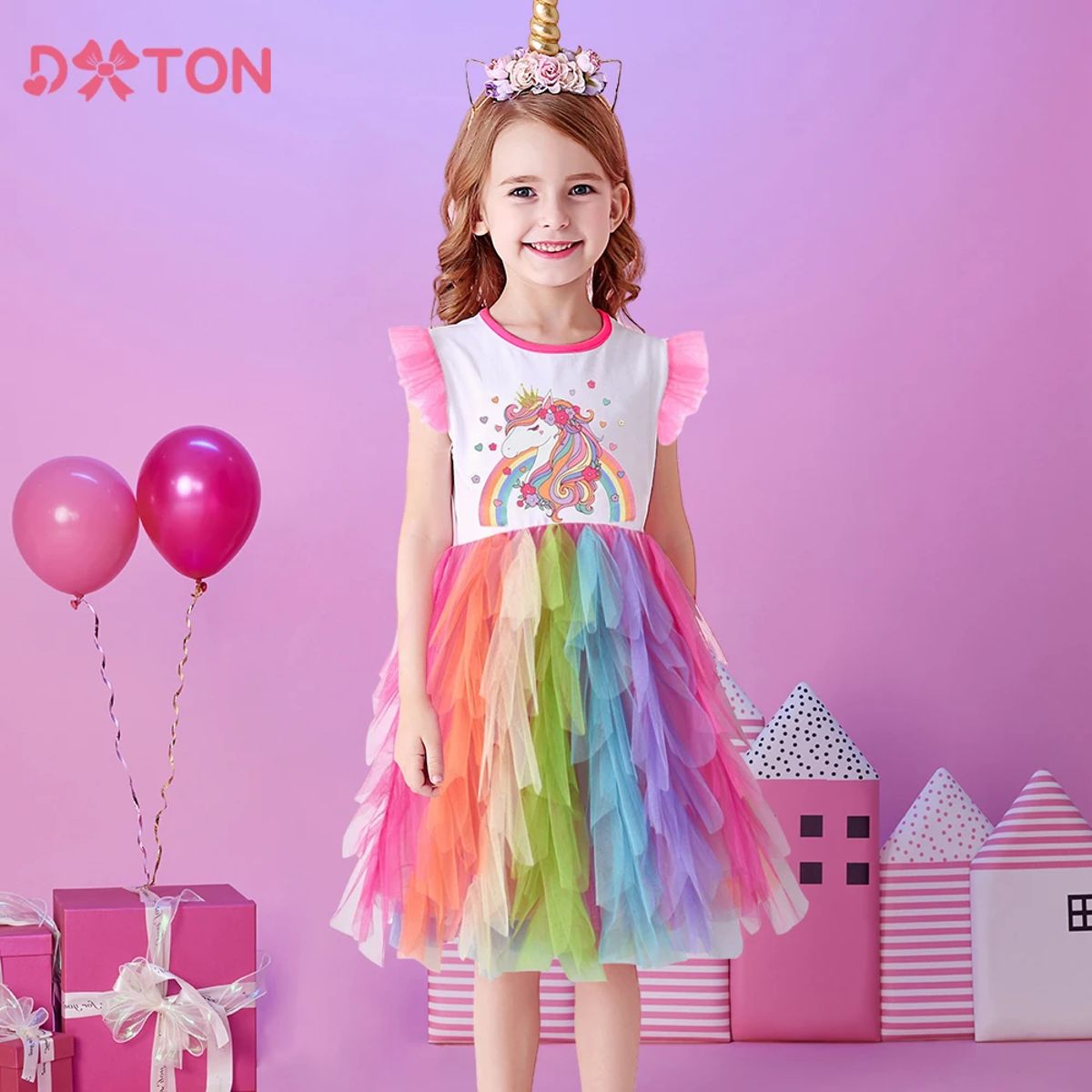 Girls Unicorn Rainbow Print Princess Party Dress for Summer Girls Unicorn Rainbow Print Princess Party Dress for Summer
