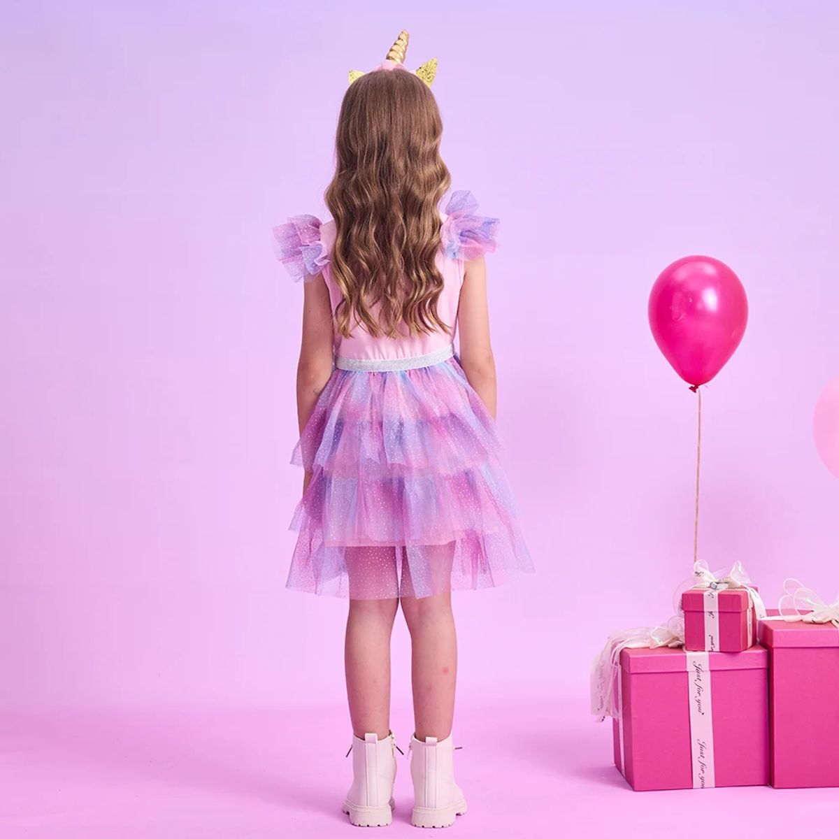 Charming Princess Tulle Dress for Girls with Heart Print
