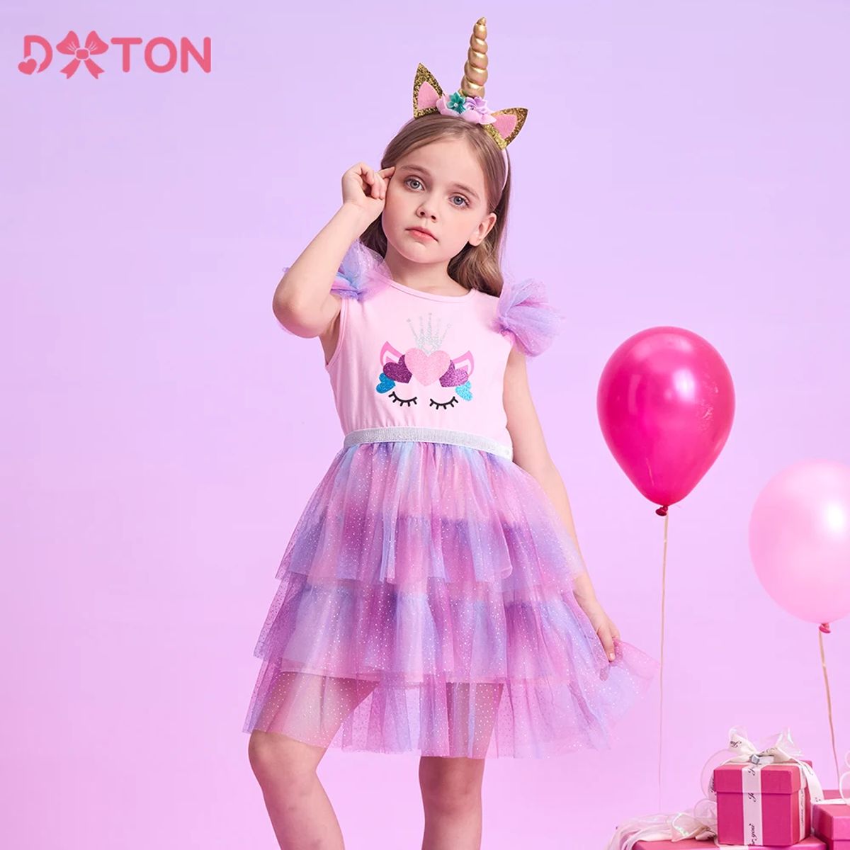 Charming Princess Tulle Dress for Girls with Heart Print
