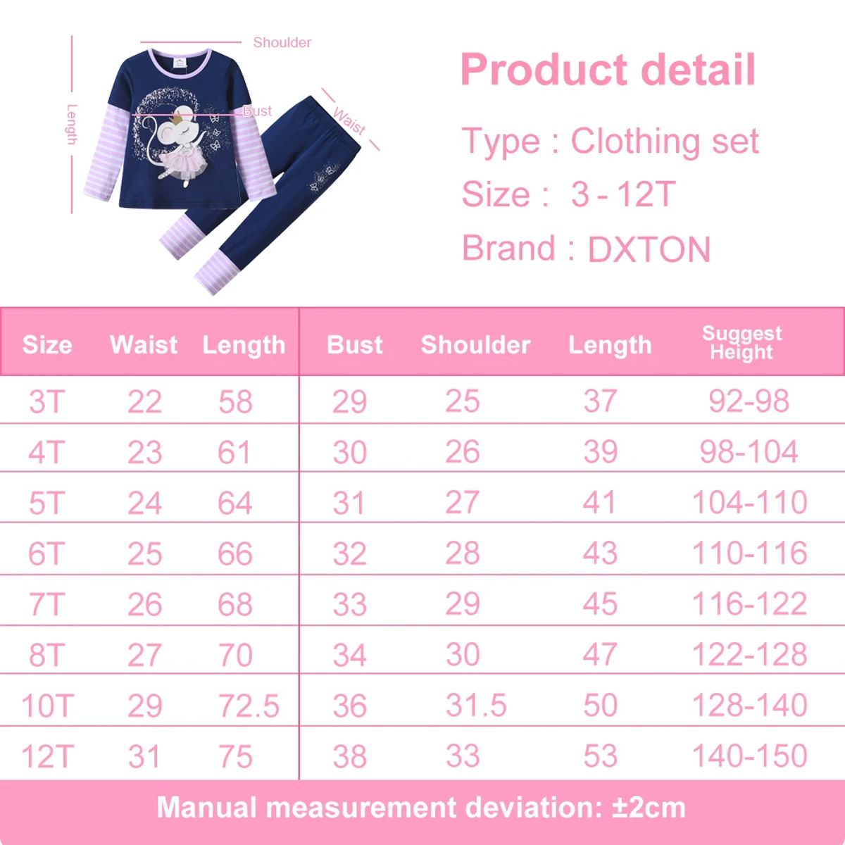 Comfortable 2-Piece Girls Pajama Set with Fun Mouse Design