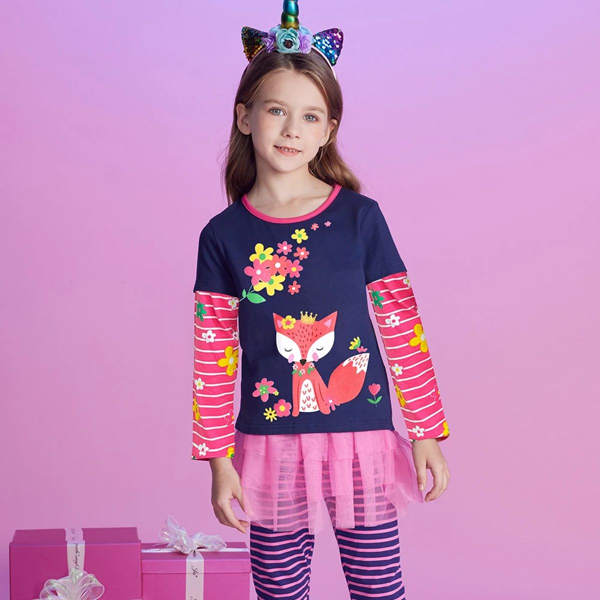 Charming Fox & Floral Kids Set with Casual Pants for Girls