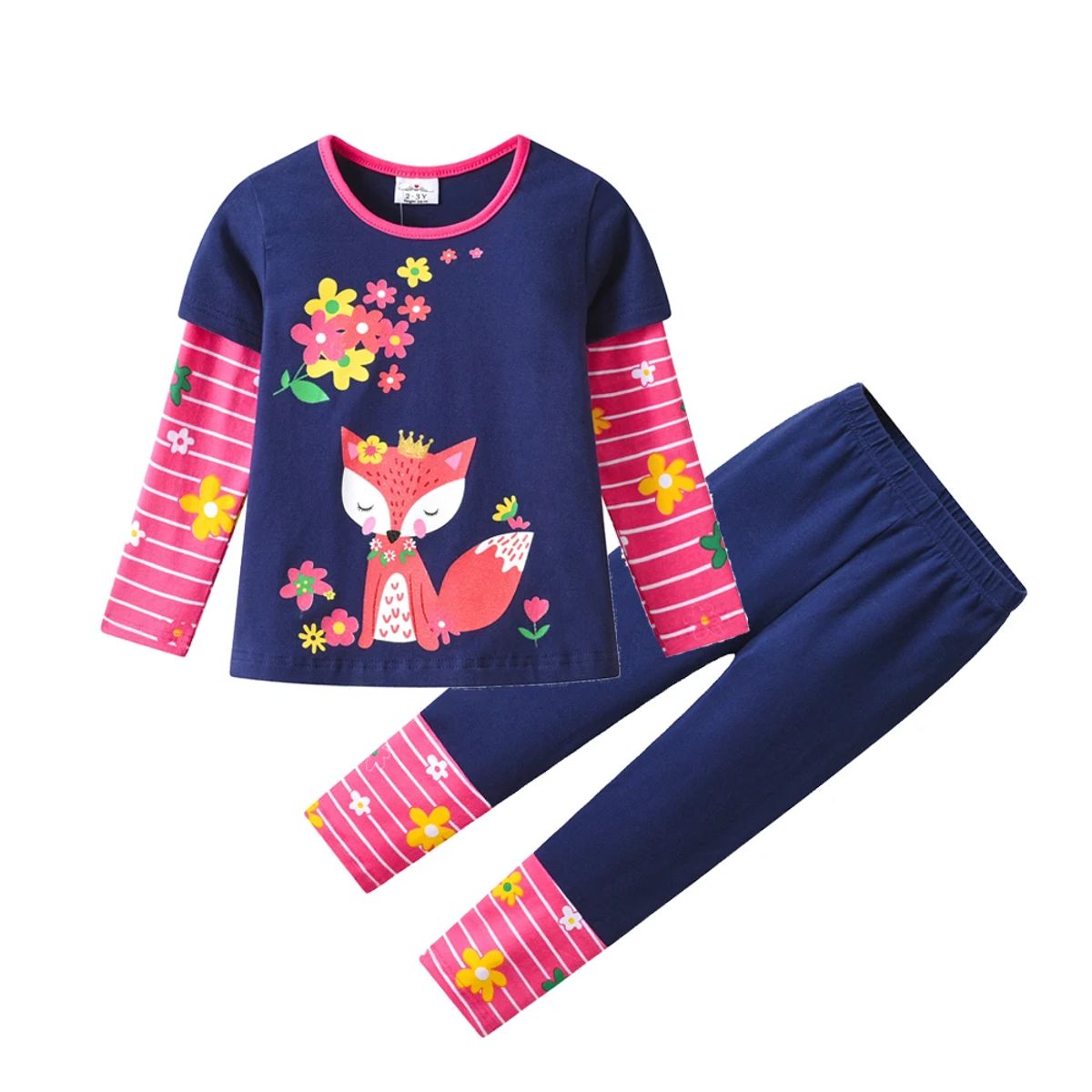 Charming Fox & Floral Kids Set with Casual Pants for Girls