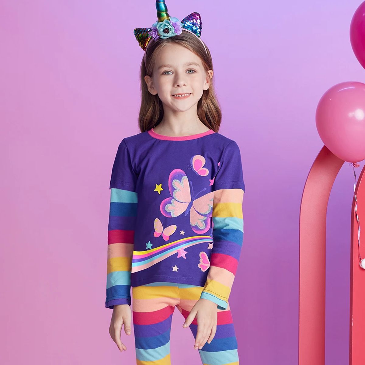 Stylish Butterfly Print Long Sleeve Set for Girls, Casual T-shirt and Pants Dxton - Kids's Pyjama Sets 4