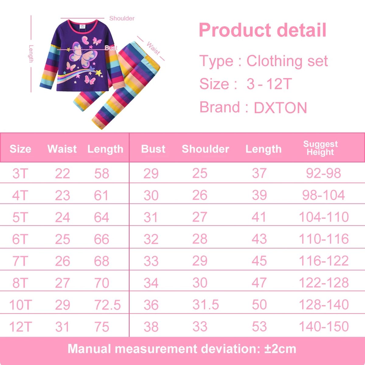 Stylish Butterfly Print Long Sleeve Set for Girls, Casual T-shirt and Pants Dxton - Kids's Pyjama Sets 5