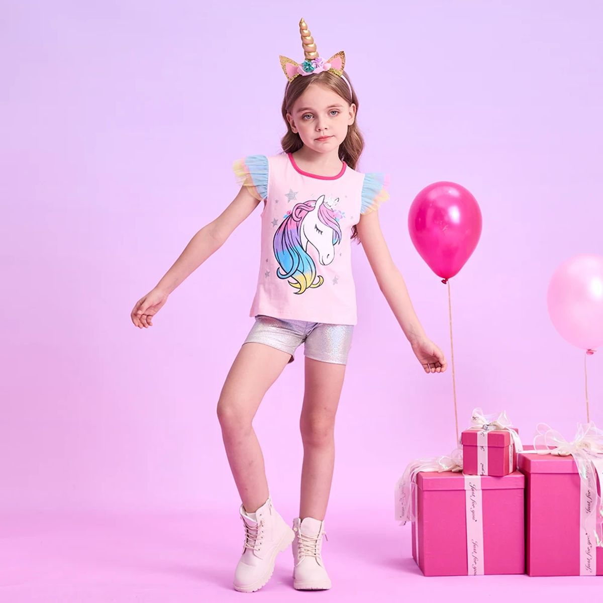 Summer Unicorn Clothing Set for Girls with Flying Sleeve Tops and Casual Pants