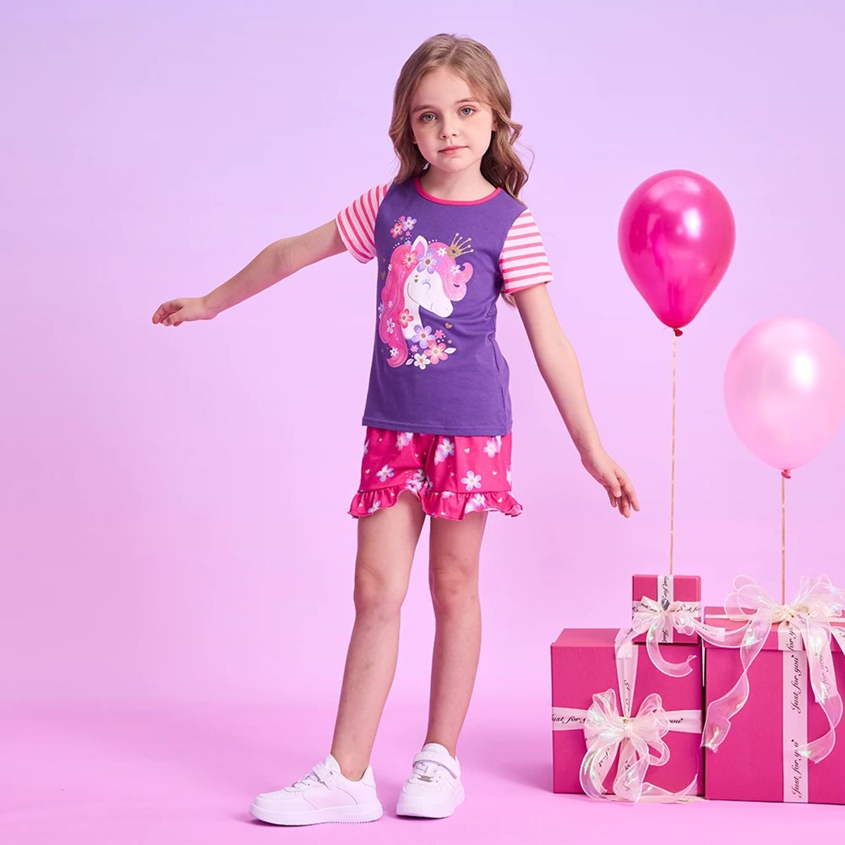 Unicorn Floral Summer Clothing Set for Girls, Casual 2-Piece Outfit Unicorn Floral Summer Clothing Set for Girls, Casual 2-Piece Outfit