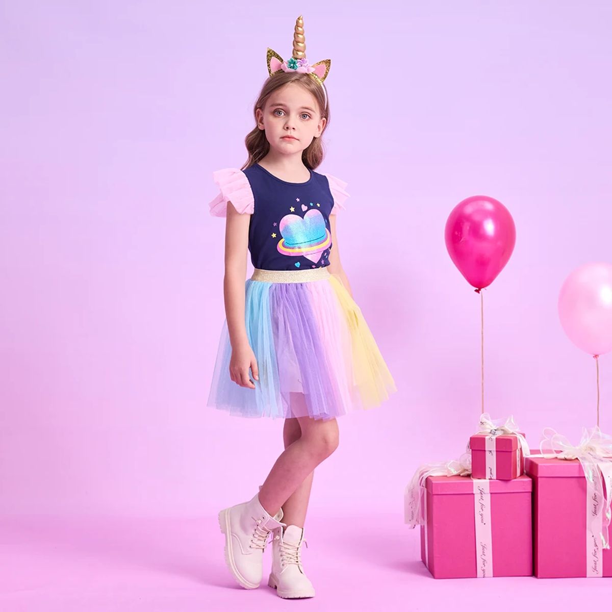 Summer Girls Clothing Set with Heart Print Tutu Skirt