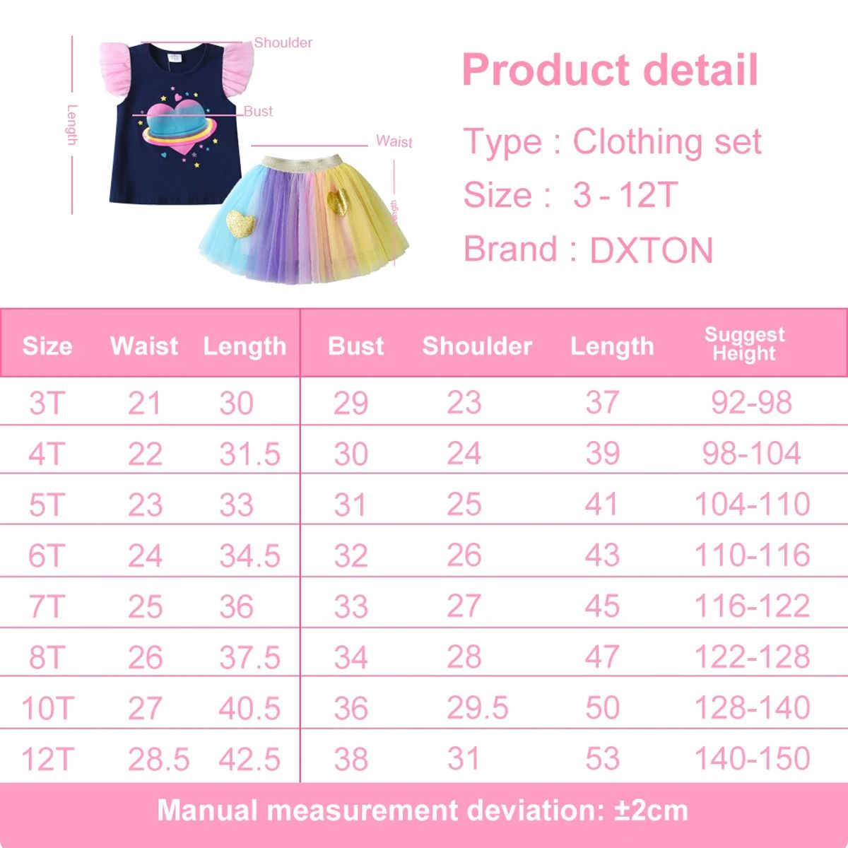 Summer Girls Clothing Set with Heart Print Tutu Skirt