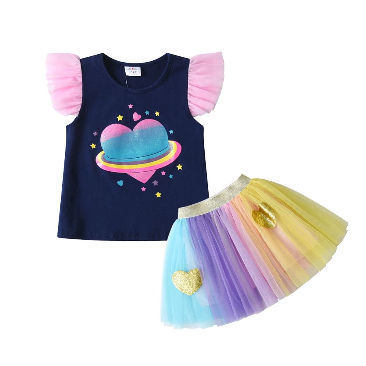 Summer Girls Clothing Set with Heart Print Tutu Skirt