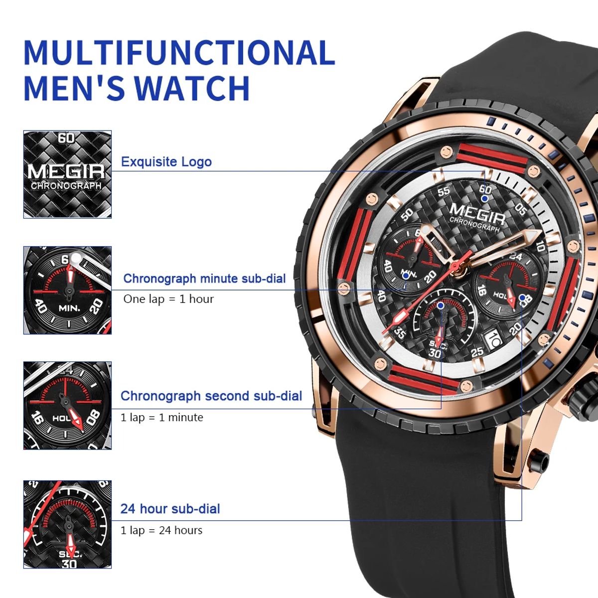 Men's Luxury Sports Chronograph Watch with Silicone Strap and Waterproof Features Men's Luxury Sports Chronograph Watch with Silicone Strap and Waterproof Features