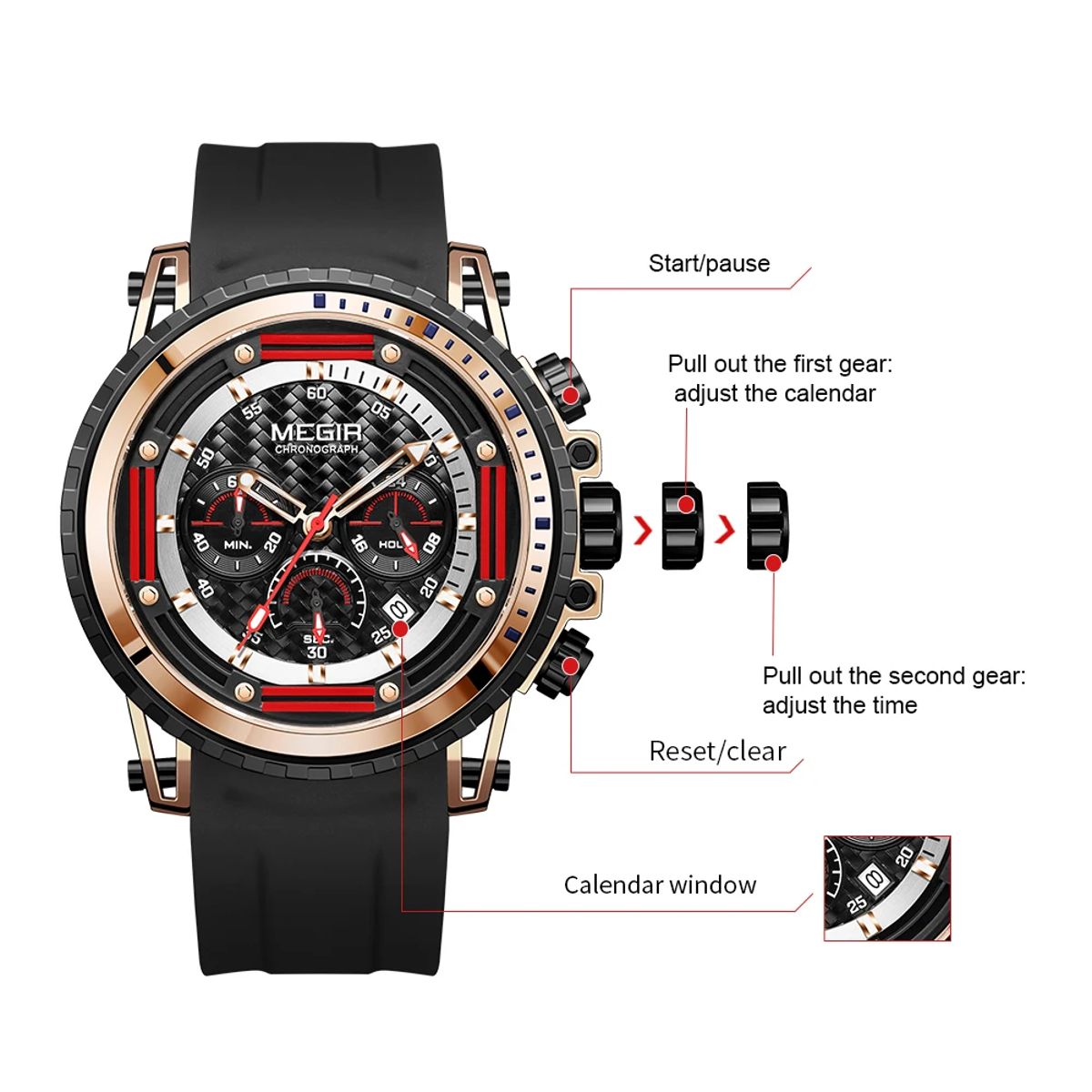 Men's Luxury Sports Chronograph Watch with Silicone Strap and Waterproof Features Men's Luxury Sports Chronograph Watch with Silicone Strap and Waterproof Features