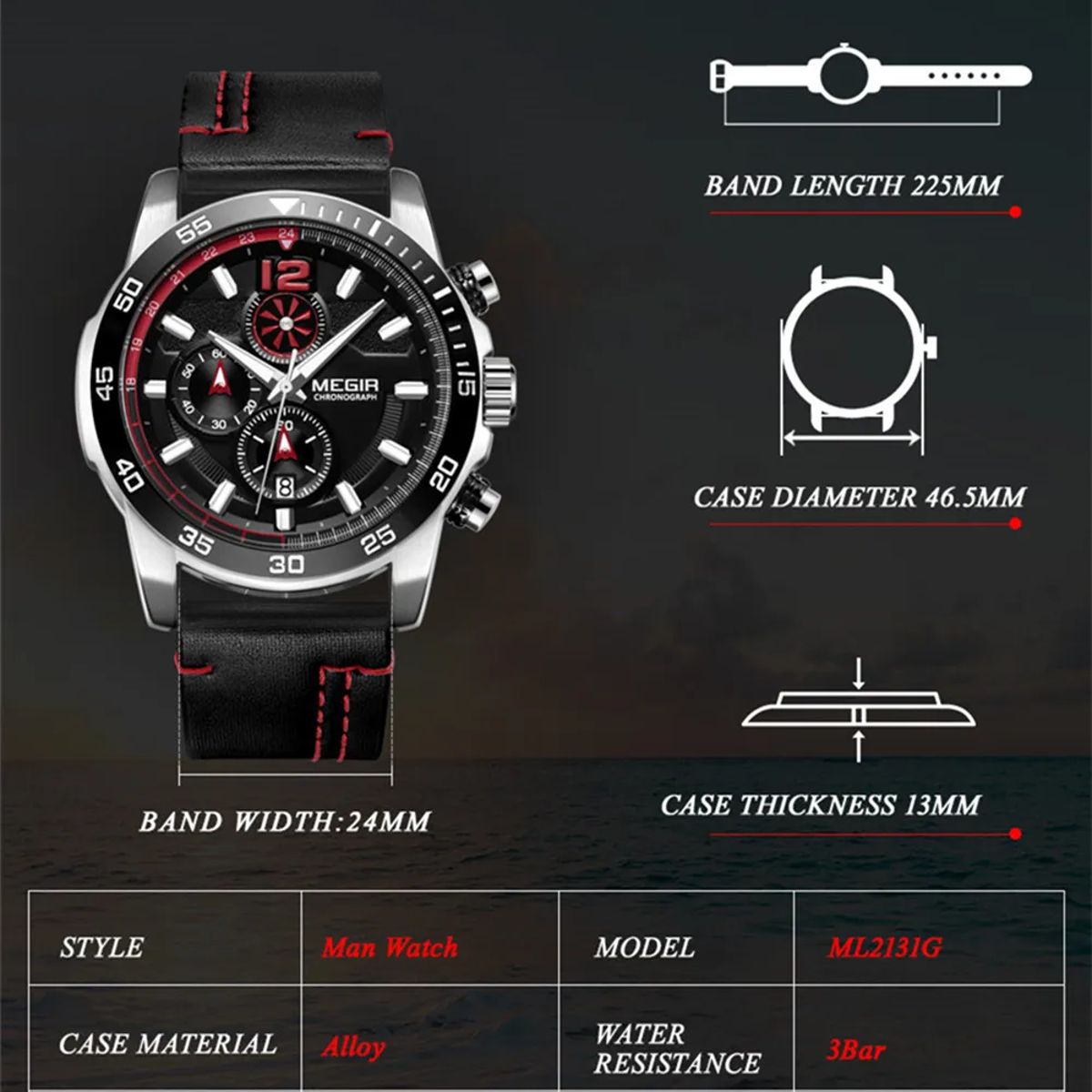 Stylish Chronograph Leather Watch with Waterproof Analog Display