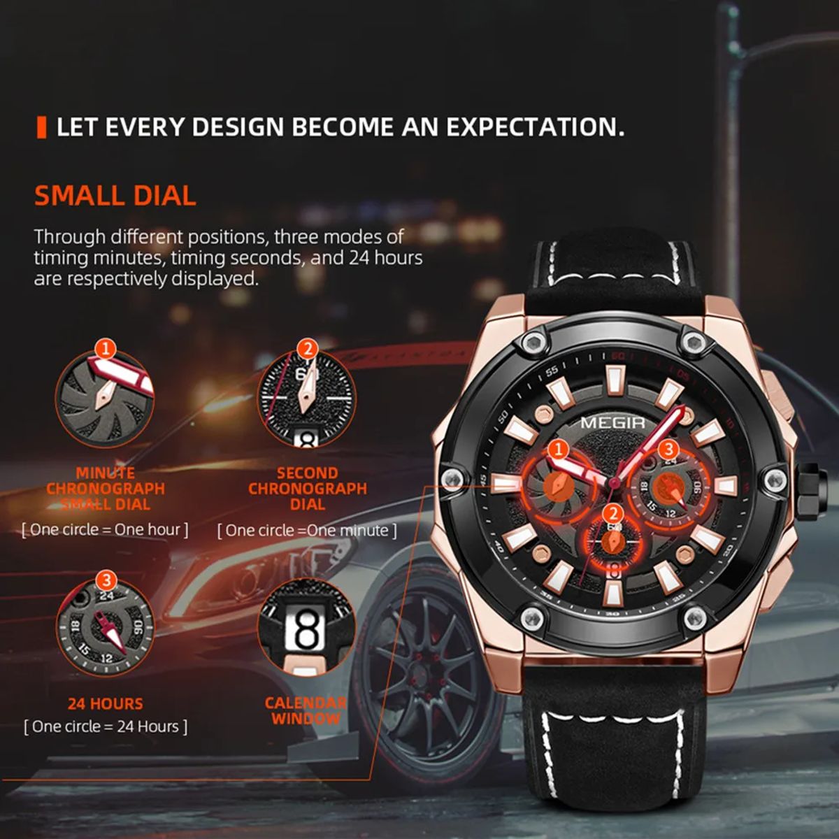 Men’s Chronograph Leather Strap Sports Watch with Calendar Men’s Chronograph Leather Strap Sports Watch with Calendar