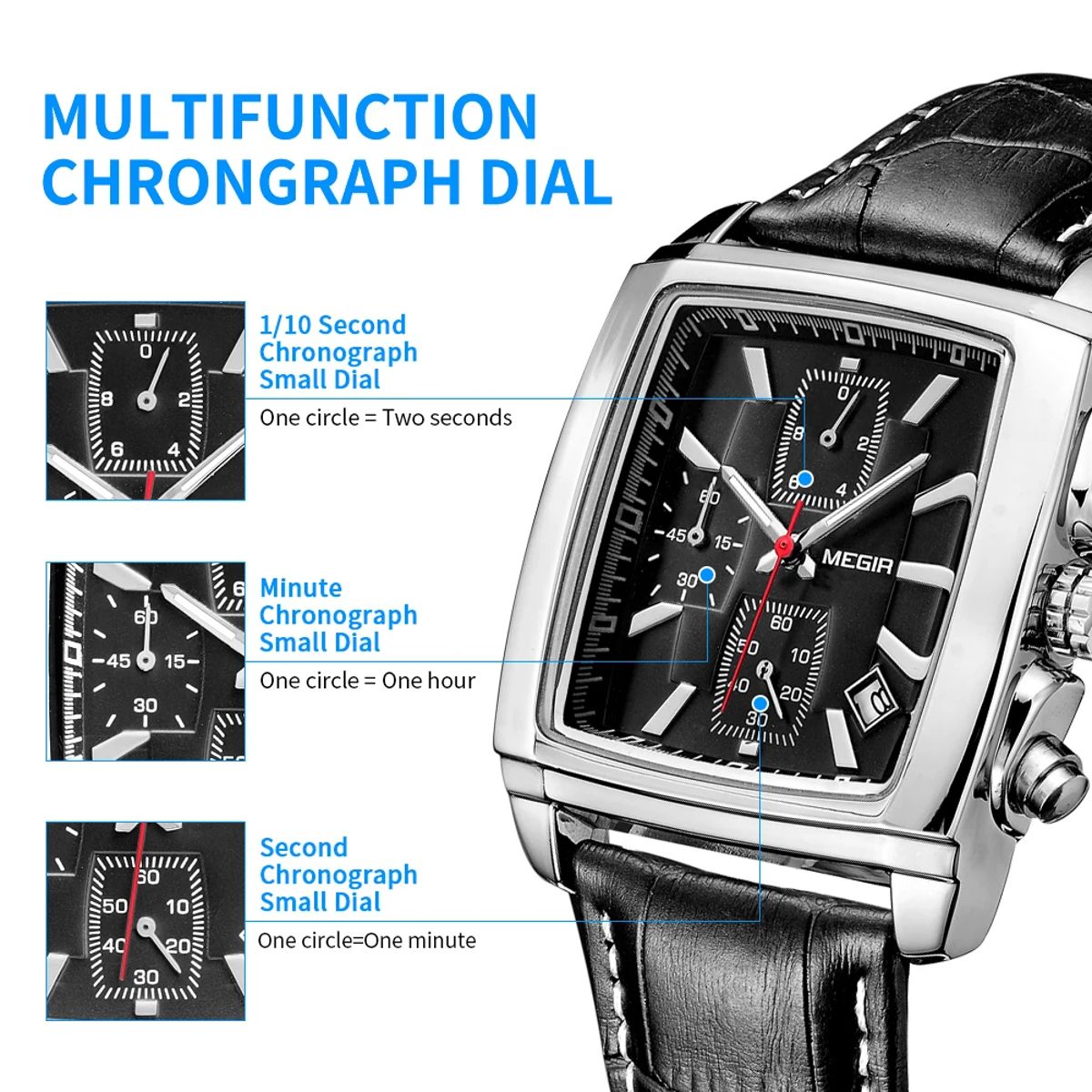 Men’s Luxury Chronograph Watch with Leather Strap and Date Display