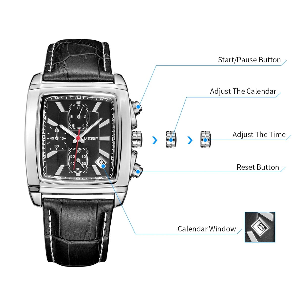 Men’s Luxury Chronograph Watch with Leather Strap and Date Display