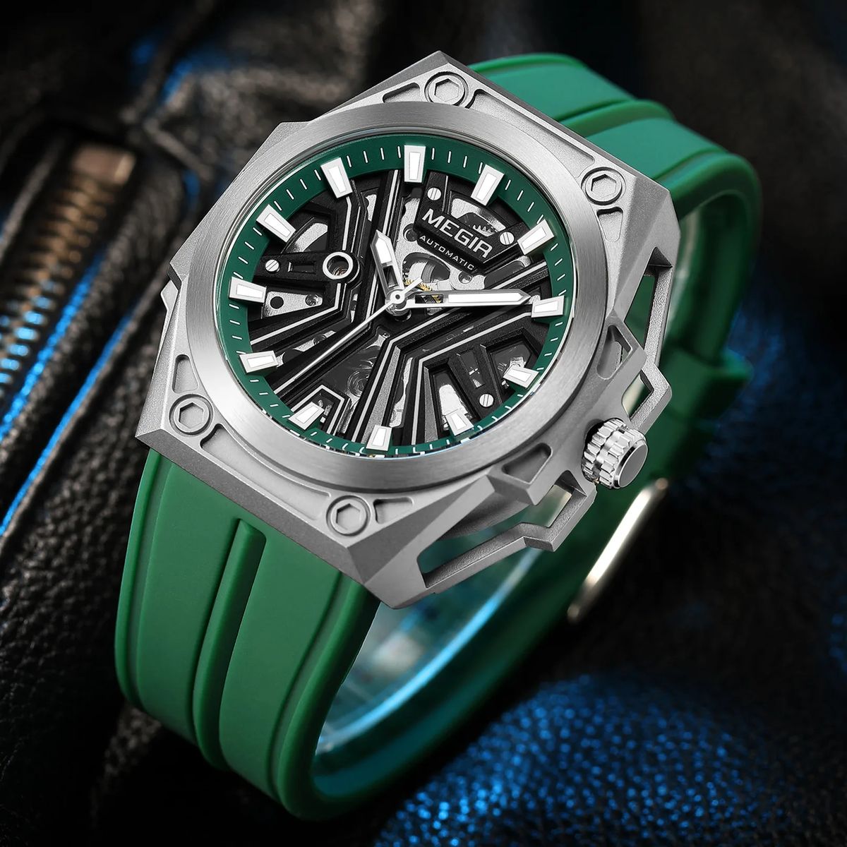 Men’s Stainless Steel Skeleton Mechanical Watch with Silicone Strap Men’s Stainless Steel Skeleton Mechanical Watch with Silicone Strap