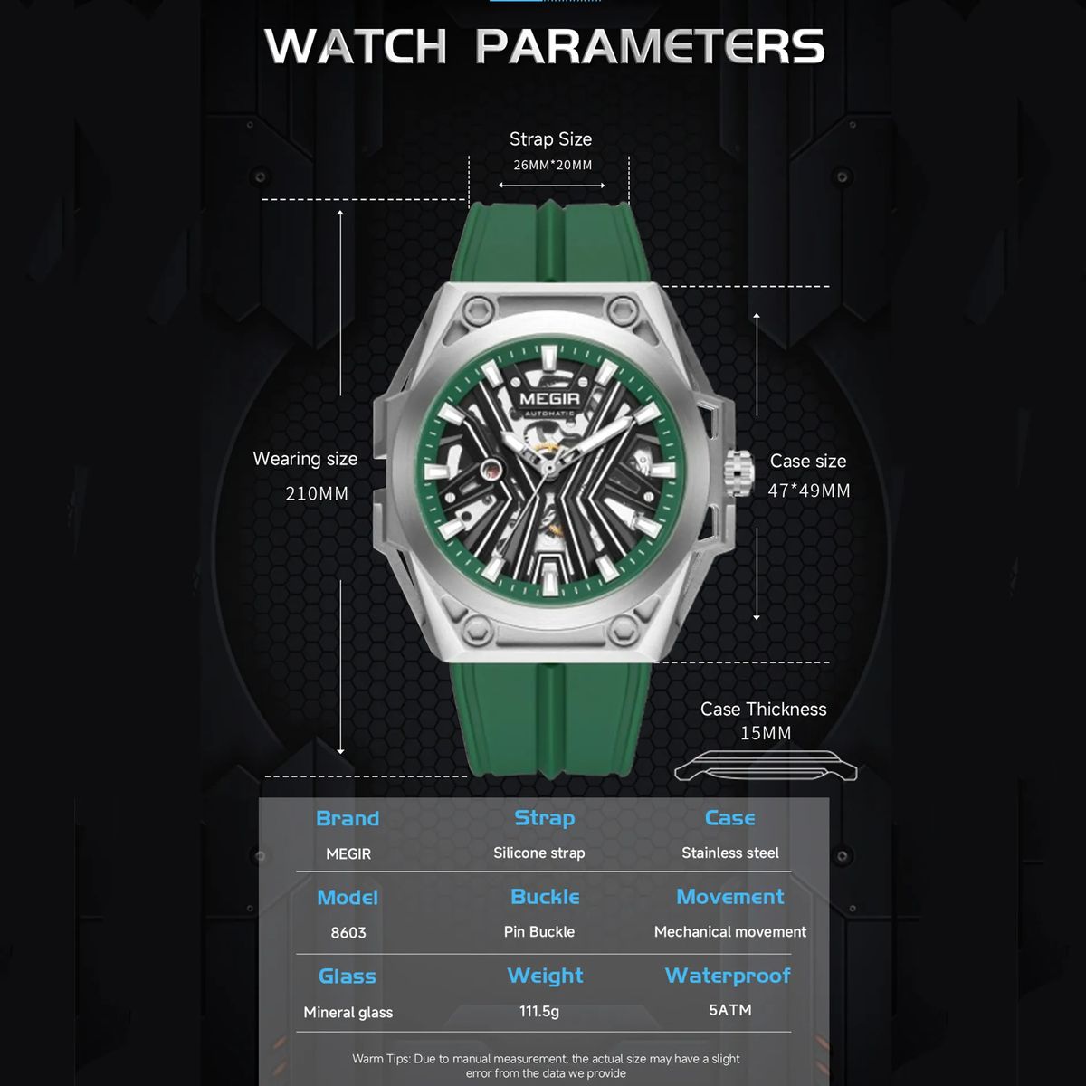Men’s Stainless Steel Skeleton Mechanical Watch with Silicone Strap Men’s Stainless Steel Skeleton Mechanical Watch with Silicone Strap