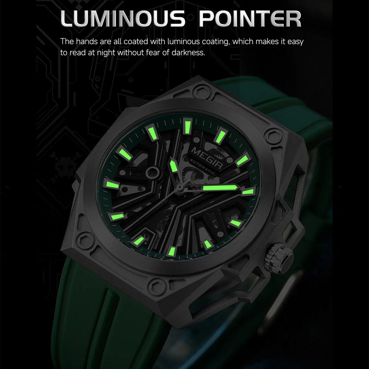 Men’s Stainless Steel Skeleton Mechanical Watch with Silicone Strap Men’s Stainless Steel Skeleton Mechanical Watch with Silicone Strap
