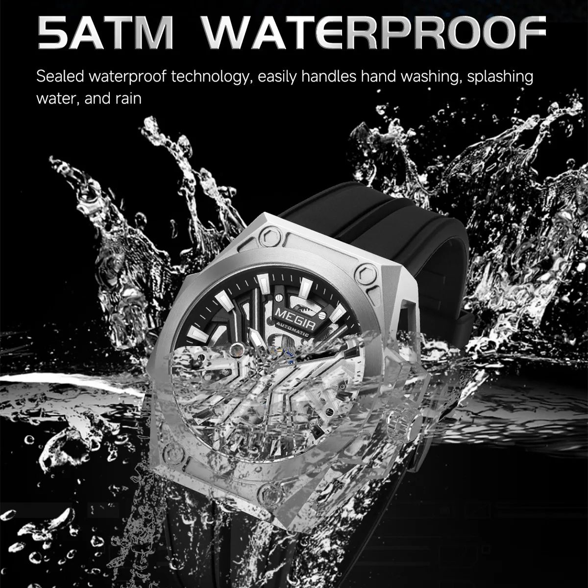Men’s Stainless Steel Skeleton Mechanical Watch with Silicone Strap Men’s Stainless Steel Skeleton Mechanical Watch with Silicone Strap
