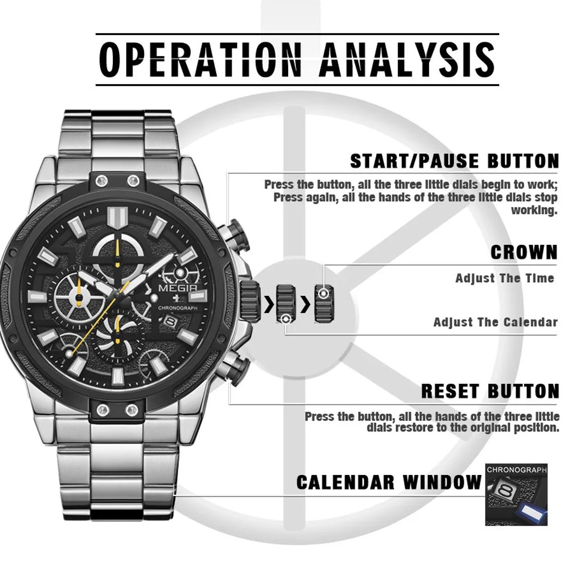 Stainless Steel Chronograph Business Watch with Luminous Display