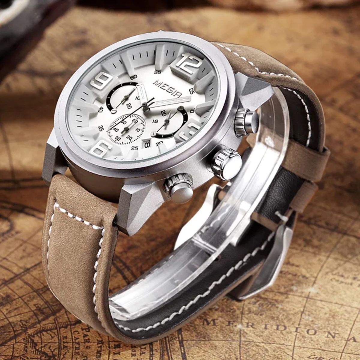 Large Dial Chronograph Leather Watch with Calendar and Stopwatch