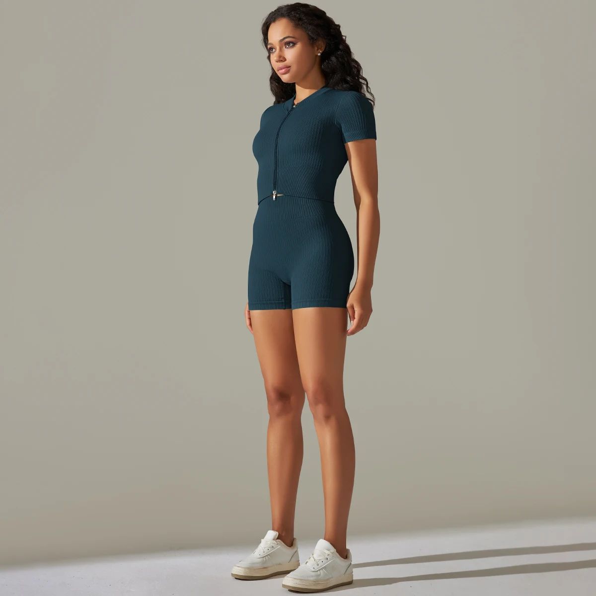 Seamless Yoga Set with Short Sleeve Zip Top and Shorts