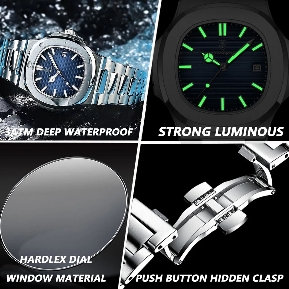 Luxury Square Dial Men's Watch with Stainless Steel Band Poedagar - Men's Dress Watches 3