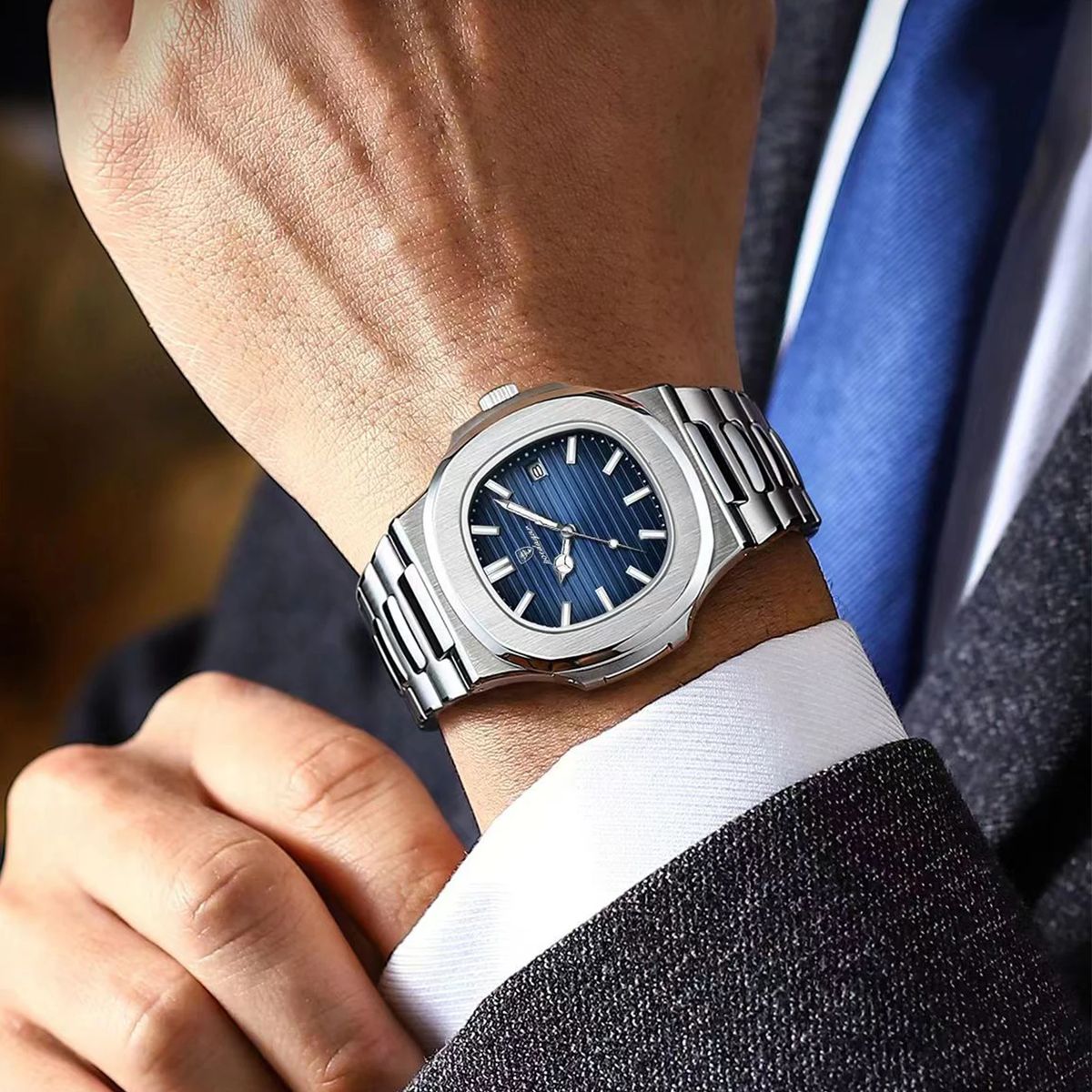 Luxury Square Dial Men's Watch with Stainless Steel Band Poedagar - Men's Dress Watches 4