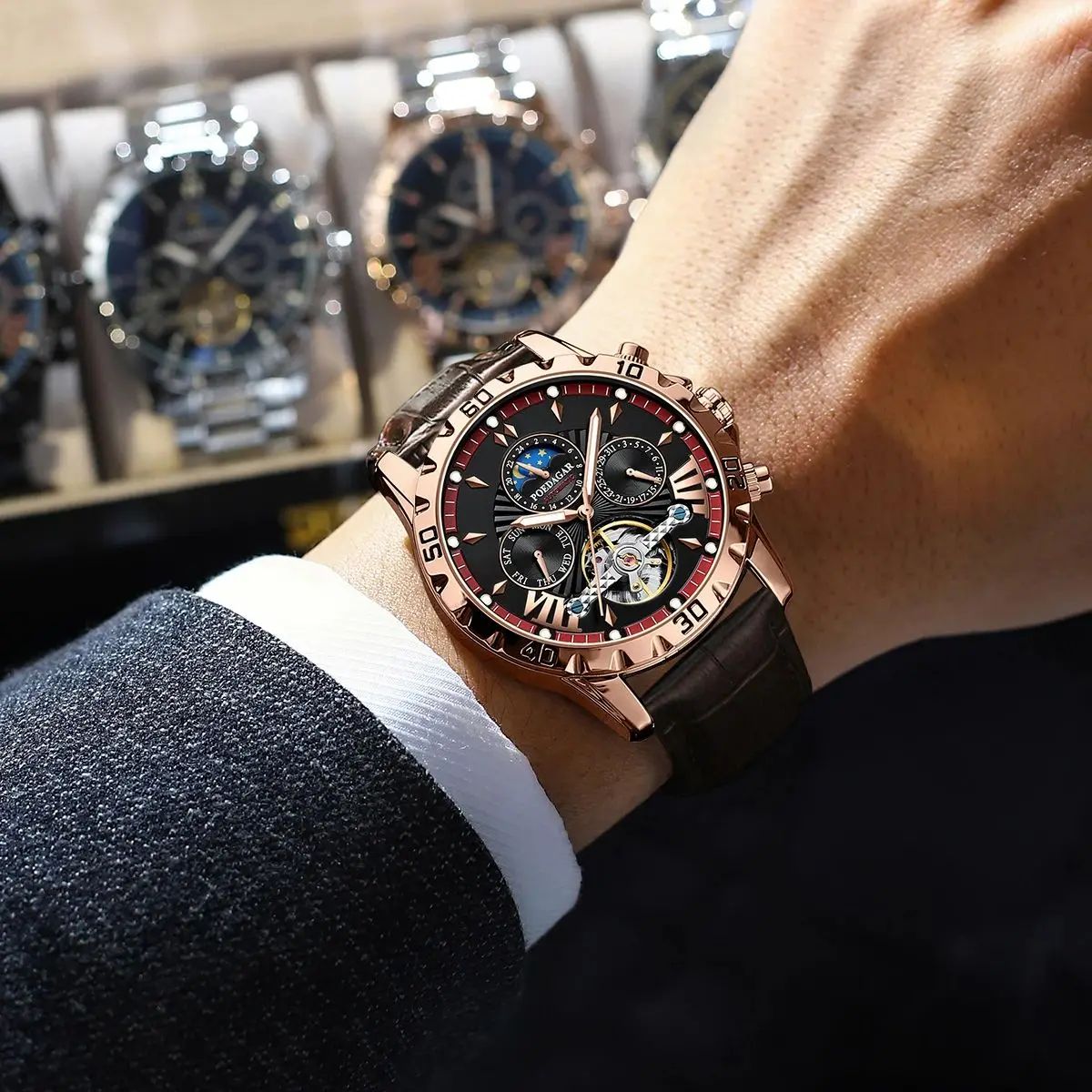 Luxury Tourbillon Mechanical Watch with Calendar and Leather Strap Poedagar - Women's Dress Watches 4